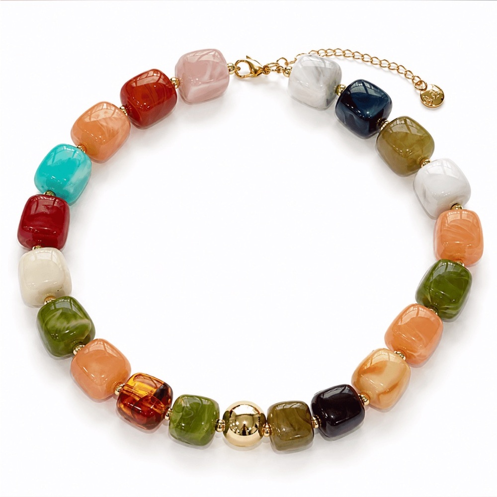 Multicolor Glass Cube Bead Necklace with Gold Accent